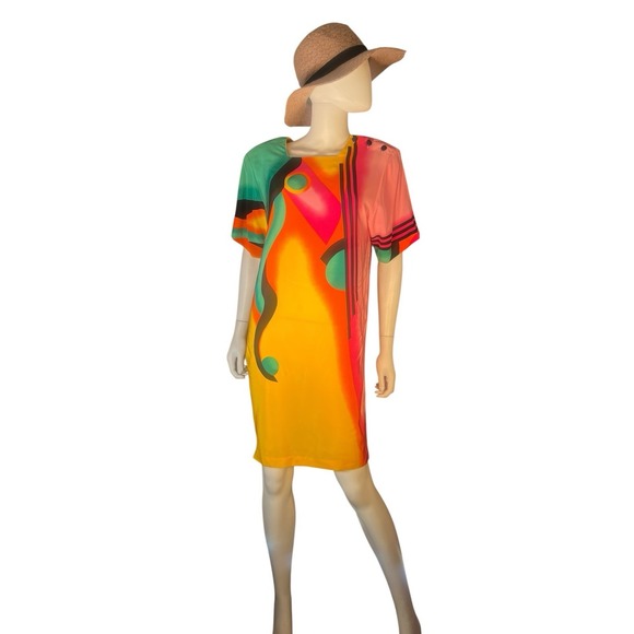Argenti Dresses & Skirts - vtg 1980s Pat Argenti geometric dopamine color silk dress sz S